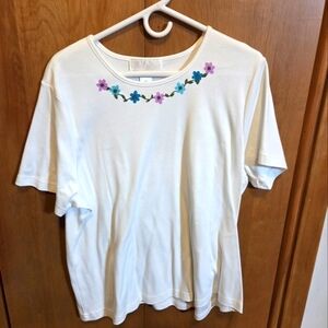 Susan Graver White Tee with Floral Embroidery
